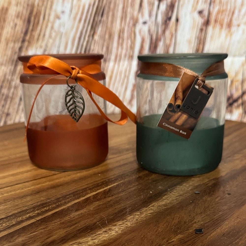 Frosted Glass Candle Holder Duo - Cinnamon Orange & Forest Green